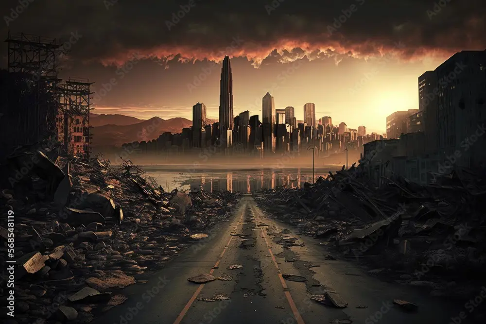 Suasana kota yang hancur dalam film I Am Legend Gambar reruntuhan kota pasca-apokaliptik yang menunjukkan kehancuran dan kesunyian