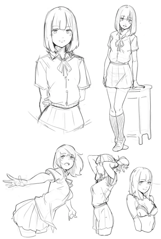 Contoh sketsa anime dengan berbagai pose Sketsa gadis anime dengan berbagai pose